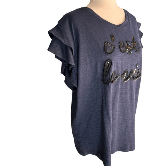 Chico’s XL Navy Blue Sequin T-Shirt C’est La Ve - Picture 3 of 8